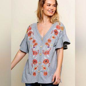 UMGEE Gray Floral Embroidered Ruffle Sleeve Button Up V-Neck Cotton Top